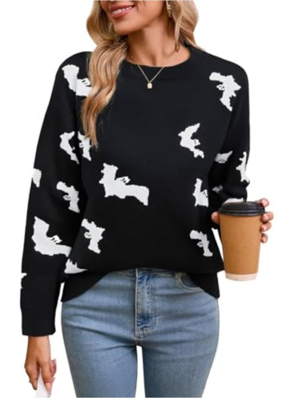 Womens Cable Knit Halloween Sweater Long Sleeve Crewneck Pullover